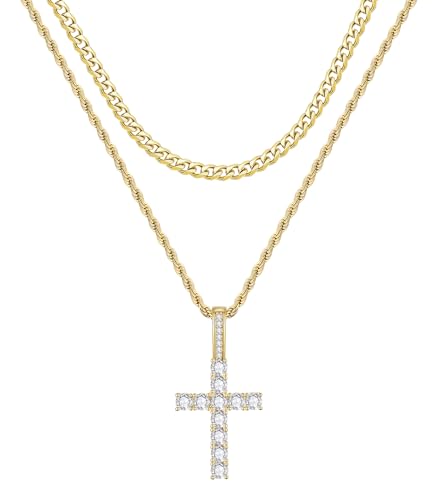 Fiusem Layered Cross Necklace for Men, Silver Tone/14K Gold Plated Mens Necklace Chain with Cubic Zirconia Cross Pendant, Stainless Steel Cuban and Rope Chain - color: Gold, size: 22/24 inches