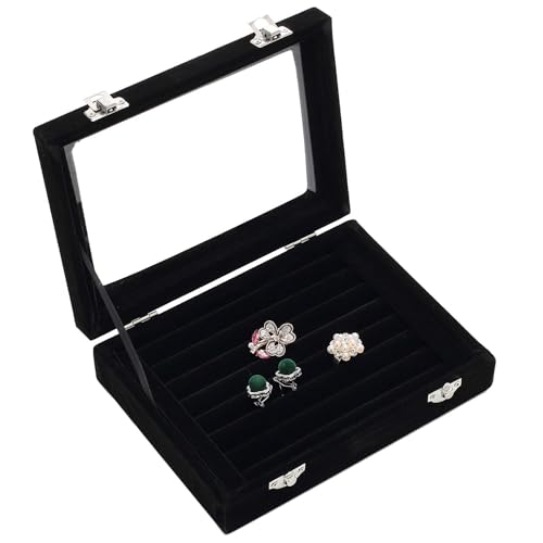 Jewelry Box Rings Organizer Tray 7 Slots Velvet Jewelry Earring Storage Box With Transparent Lid Jewelry Display Case for Girls Women (Black) - color: Black
