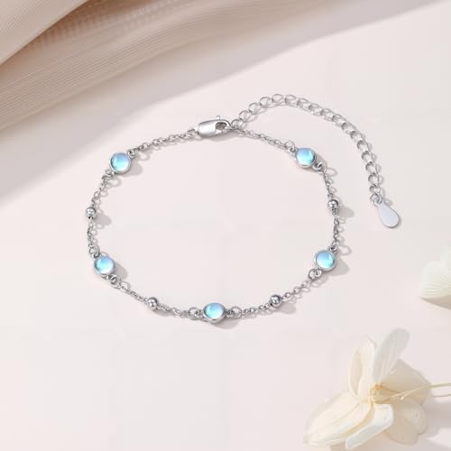 HPQQ Anklet Bracelet for Women 925 Sterling Silver Natural Stone Chain Bead Ankle Bracelet Beach Summer Fine Jewelry Mothers Day Birthday Gifts for Women Mom Wife - color: Bracelet-7"-9"-Moonstone