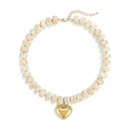 Chunky Heart Necklace for Women, Colorful Acrylic Beaded Statement Puff Heart Necklace, Cute Boho Y2K Choker Necklace for Gift Jewelry - color: Beige