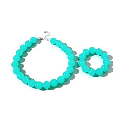 Colorful Chunky Beaded Necklace for Women Acrylic Bead Choker Necklaces Fashion Large Round Beads Necklaces for Women Handmade Summer Jewelry - color: Cyan bracelet + necklace