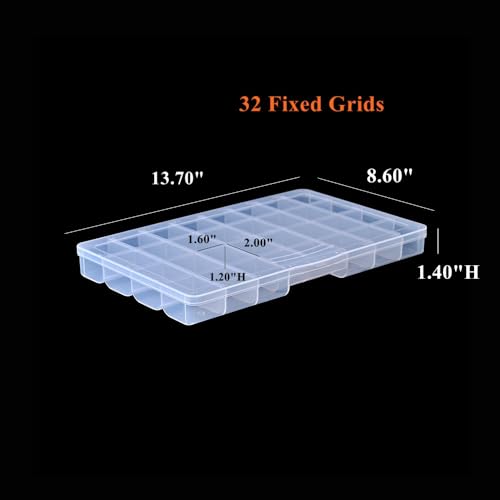 3 Pack Fixed 32 Grids Clear Plastic Storage Box, Transparent Organizer Container Case for Bead, Button, Jewelry, Diamond, Craft Supplies, Small Parts, Sewing Kit, DIY Accessories