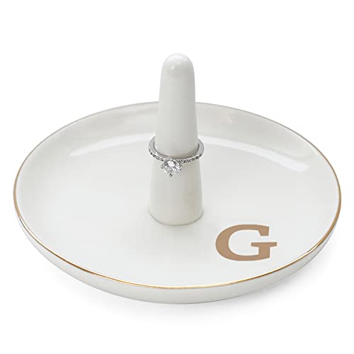 HOME SMILE Initials Ring Holder Jewery Tray with personalized G-Monogrammed Engagement Gifts for Friends,Birthday Mother's Day Christmas Gifts for Women,Ceramic White - style: G