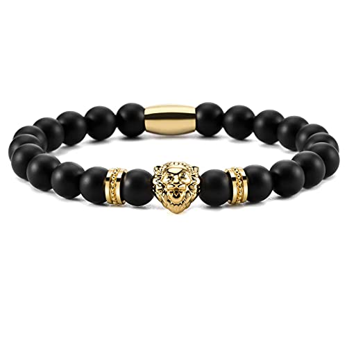 Ourania Onyx Lion Stone Bracelet Men - Black Onyx Beaded Stainless Steel Leo Head Bracelet Women 8mm - color: Gold
