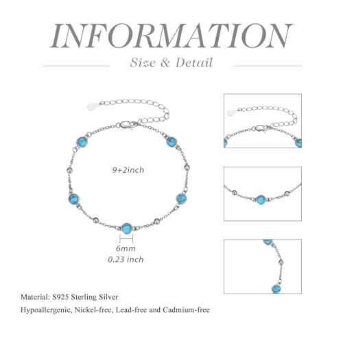 HPQQ Anklet Bracelet for Women 925 Sterling Silver Natural Stone Chain Bead Ankle Bracelet Beach Summer Fine Jewelry Mothers Day Birthday Gifts for Women Mom Wife - color: Bracelet-7"-9"-Turquoise