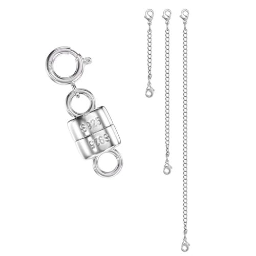 925 Sterling Silver Magnetic Necklace Clasps Closures (1 Piece) and Stainless Steel Necklace Extender Chains (3 PCS), Magnetic Jewelry Clasps for Necklaces Bracelet and Jewelry Making Supplies