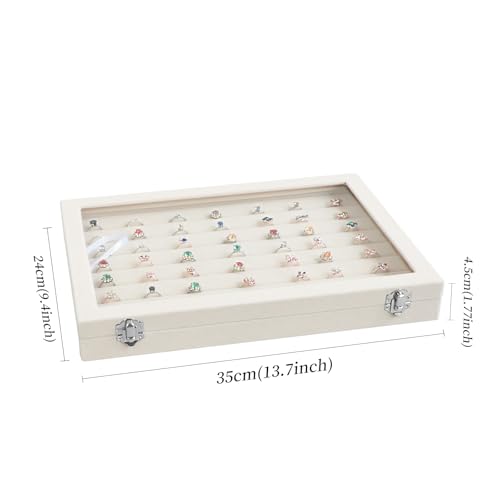 Wudygirl Ring Display with Clear Lid Organizer and Showcase Rings Box with 7 Slots Jewelry Tray for Drawer Velvet Rings Holder Accessories Storage (Beige Velvet) - style: Beige Ring Tray