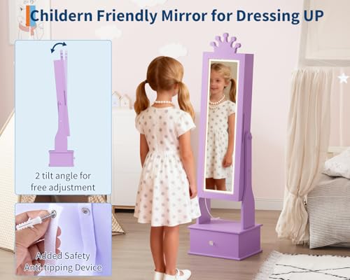Kids Jewelry Armoire Cabinet with Full-Length Mirror, 46" Jewelry Armoire with Led Light, Kids Jewelry Organizer with 3 Storage Drawers, Kids Vanity Dress Up Mirror Jewelry Cabinet for Girls(Purple) - size: purple