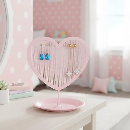 Earring Holder for Girls – Heart-Shaped Pink Metal Stand Jewelry Organizer with Tray for Rings & Bracelets, Cute Vanity Display for Teen Room Decor