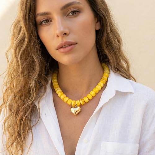 Chunky Heart Necklace for Women, Colorful Acrylic Beaded Statement Puff Heart Necklace, Cute Boho Y2K Choker Necklace for Gift Jewelry - color: Yellow