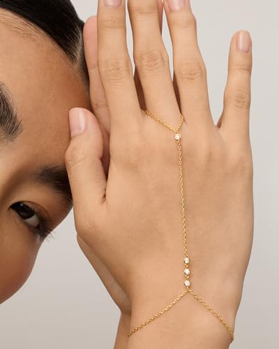 PAVOI 14K Gold Plated Hand Chains for Women - Adjustable Hand Chain Bracelet and Ring - Trendy Gold Handchain Bracelet Stack Summer Jewelry - Beads, Pearl, and Cubic Zirconia Body Jewelry - style: Station