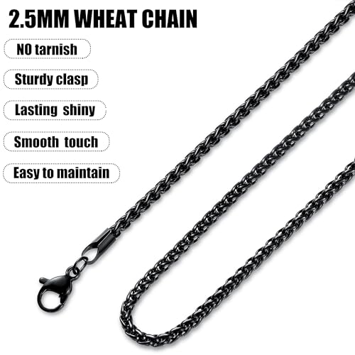 Fiusem Black Wheat Chains for Men and Women, 2/2.5/3/4/5mm Stainless Steel Necklace Chain, Mens Necklace Jewelry Gift 16-28 Inch - size: 20 Inches, style: Black 2.5MM