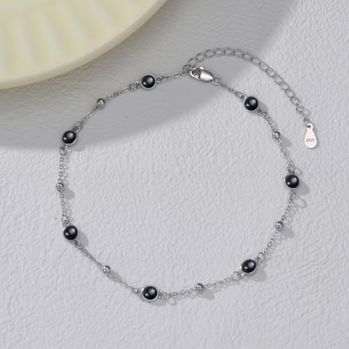HPQQ Anklet Bracelet for Women 925 Sterling Silver Natural Stone Chain Bead Ankle Bracelet Beach Summer Fine Jewelry Mothers Day Birthday Gifts for Women Mom Wife - color: Anklet-9"-11"-Black Onyx