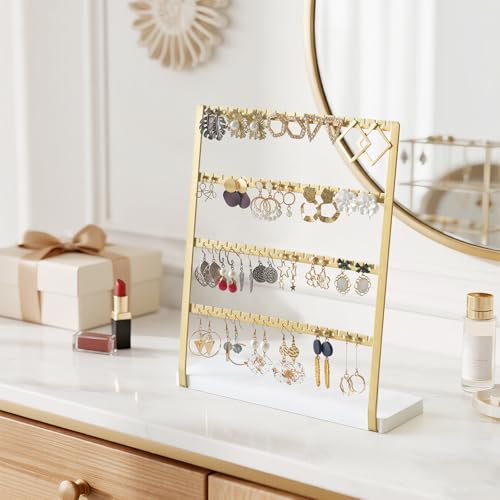 Mkono 4-Tier Earring Holder Organizer Stands Gold Metal Jewelry Display Rack for Hanging 74 Pairs of Earrings and Ear Studs, Gifts for Women and Girls