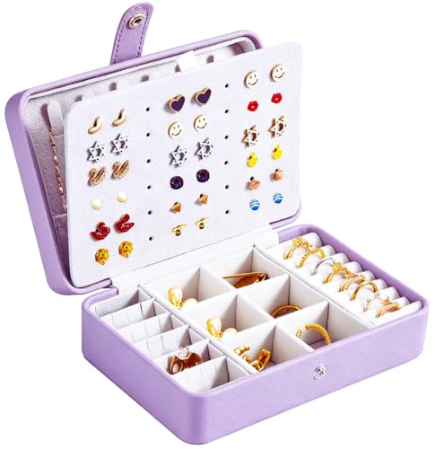 QBestry All-in-One Travel Jewelry Organizer for Women Violet | Small Jewelry Box with 68 Earring Holes | Compact Portable Jewelry Case for Earrings, Rings, Necklaces | Perfect Gifts for Mom Wife Girls - color: Violet