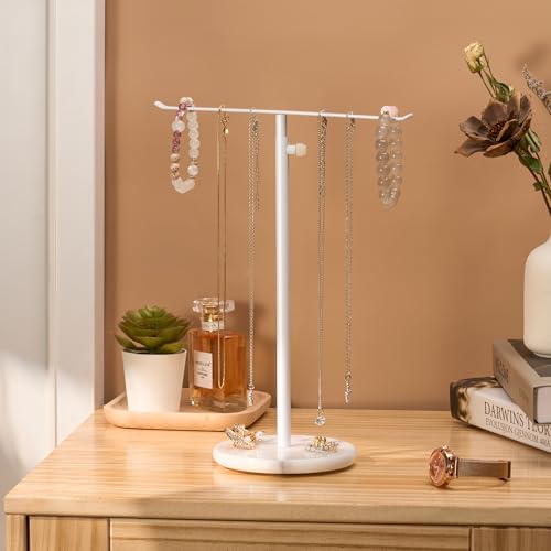 White Necklace Holder Jewelry Organizer Stand – Adjustable Height T‑Bar Jewelry Display with White Marble Base, Necklace & Bracelet Holder, Countertop Jewelry Tree - color: White