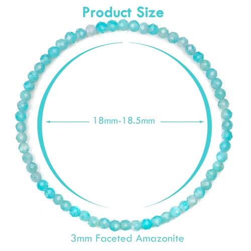 BONNY BOXX Natural Genuine Gemstone Faceted Round Beads Bracelets, 3mm Adjustable Stretchy Tiny Faceted Black Tourmaline Bracelet, Healing Crystal Reiki Chakra Dainty Jewelry Fashion Gifts - color: Amazonite
