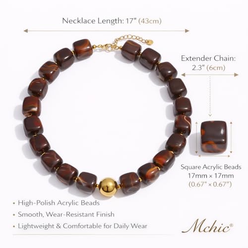 Mchic Colorful Beaded Choker Necklace for Women: Boho Large Square Acrylic Beaded Necklace Stainless Steel Adjustable Surfer Beach Strand Necklaces Summer Handmade Jewelry Gift for Women - color: Brown