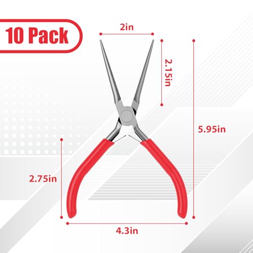 10 Pcs Mini Needle Nose Pliers Bulk, 6 Inch Precision Pliers Set with Extra Long Tips for Jewelry Making, Wire Wrapping, Small Object Gripping, DIY Project (Red) - color: Red