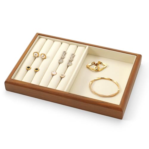 11 Slots Solid Wood Jewelry Tray Microfiber Ring Earring Drawer Organizer Holder for Storage Display (Cream White) - style: 11 Slot