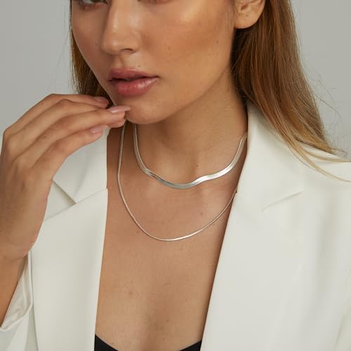 Tewiky Layered Necklaces for Women Non Tarnish- Chunky 14k Gold Plated Herringbone/Snake/Rope/Box/Cuban Link Chain for Women Waterproof Layering Stack Choker Necklace Trendy Dainty Tarnish Free Jewelry Set - color: Layered Herringbone Silver