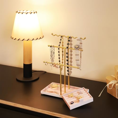 Jewelry Stand Holder Organizer, 3 Tier Bracelet Holder Display with Detachable Velvet Tray, Elegant Jewlery Tower for Display Bracelet, Necklace, Earrings, Rings (Pink) - color: Pink