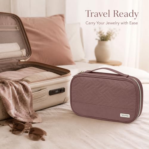 Jewelry Travel Case Organizer for Necklaces, Earrings, Rings, Bracelet, Watch, Soft Sided, Red Sandalwood - color: Rosewood Pink