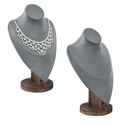 MOOCA 2 Pcs Set Necklace Chain Jewelry Display Holder, Jewelry Stand, Necklaces Display Mannequin Bust Stand, Wood Sturdy Base, Grey Suede with Walnut Base - color: 2-Pcs Grey Suede with Walnut Base