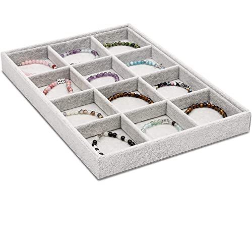 Juvale Velvet Stackable Jewelry Organizer Tray - 12-Grid Bracelet Holder & Ring Organizer - Velvet Jewelry Tray with Soft Compartments - Bracelet Holder Drawer Fits Standard Drawers - 14 x 9.5 In Gray - size: 12 Grids