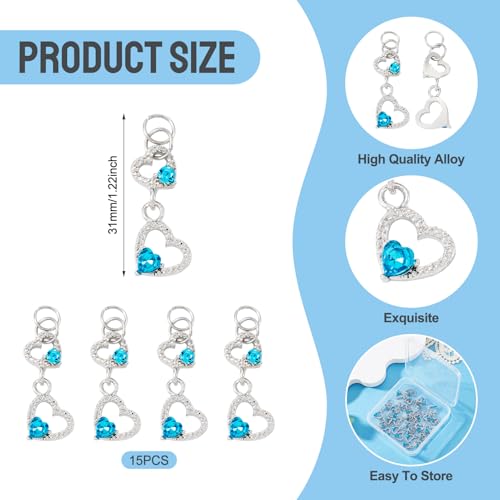 FASHEWELRY 15Pcs Alloy Crystal Rhinestone Heart Charms, Blue Love Heart Glass Dangle Charms Platinum Hollow Pendants for DIY Valentine's Day Necklace Earring Jewelry Making Craft - color: Heart-Blue