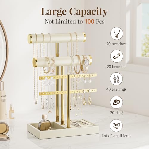 bussdis 3 Tier Bracelet Holder Display - Beige Leather Bracelet Holder, Detachable T Bar Jewelry Holder Organizer for Bracelet, Necklace, Earrings, Rings, Watches, Bangle - color: Beige