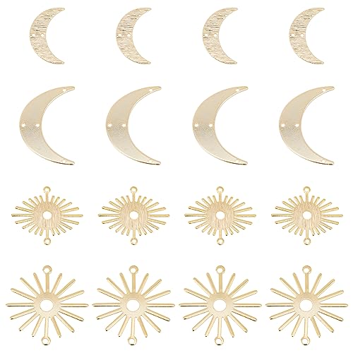 SUPERFINDINGS 16Pcs 4 Styles Moon Sun Connector Charms - Real 24K Gold Crescent Links With Double Hole - Brass Moon Sun Shaped Blank Links for DIY Earring Jewelry Making