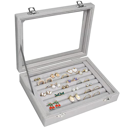 Vicoter Rings Organizer Tray 7 Slots Velvet Jewelry Earring Storage Box with Transparent lid Jewelry Display Case for Girls Wife Mom Women (Grey) - color: Grey