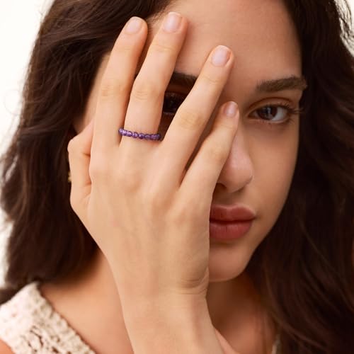 NLIEO Natural Gemstone Stretch Beaded Rings for Women Stackable Dainty Elastic Crystal Rings Jewelry - style: Amethyst