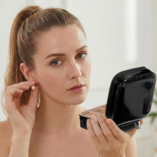 Nosiny 2 Pack Mother's Day Travel Jewelry Box with Mirror Small Laser Jewelry Case Organizer for Women Gift Rings Earrings(White and Black) - color: White and Black