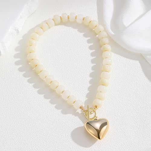 GZQ Chunky Gold Heart Necklace for Women, Resin Beaded Chain with Puff Heart Adjustable Clasp, Perfect for Daily Wear Party Date Streetwear Outfits Fashion Jewelry Gift - color: White