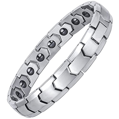 Magnetic Hematite Bracelets for Men Women 316L Stainless Steel Power Balance Energy Magnets Stones Bracelet Jewelry Gift with Adjustment Tool - color: Silver