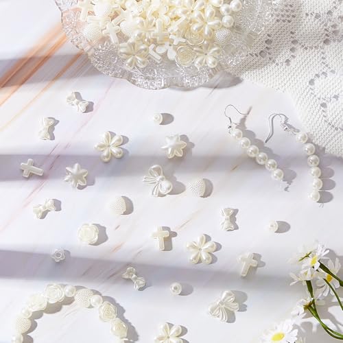 Juexica 500 Pcs ABS Imitation Pearl Beads Star Heart Bowknot Circle Flower White Aesthetic Beads for Jewelry Making Bracelets Necklaces Earrings Key Chains Accessories DIY Crafts(Elegant Style) - color: Elegant Style