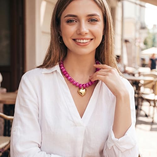 Chunky Heart Necklace for Women, Colorful Acrylic Beaded Statement Puff Heart Necklace, Cute Boho Y2K Choker Necklace for Gift Jewelry - color: Rose