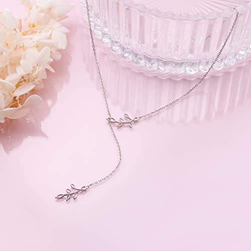 Long Necklace Sterling Silver Larait Bar Y Lariat Long Chain Drop Adjustable Necklace Gift for Her, 30" - style: Long Olive Leaf Necklace