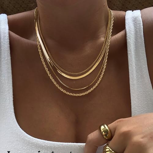 Tewiky Layered Necklaces for Women Non Tarnish- Chunky 14k Gold Plated Herringbone/Snake/Rope/Box/Cuban Link Chain for Women Waterproof Layering Stack Choker Necklace Trendy Dainty Tarnish Free Jewelry Set - color: 4 Layered Necklace Gold