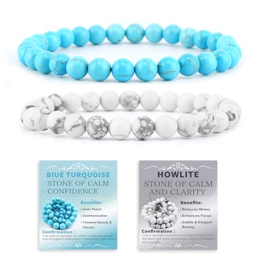 NCB 2.3-Piece 4mm Natural Crystal Gemstone Stretch Bracelets – Handmade Reiki Energy Healing Jewelry for Meditation,Yoga, Unisex - color: 2PCS ( Blue Turquoise+Howlite ), size: 6mm