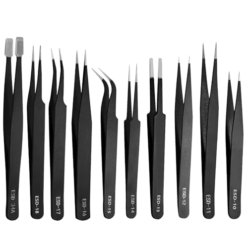 Bonsicoky 10 PCS Precision ESD Tweezers Set - Anti-Static Stainless Steel Tools Kit for Electronics, Jewelry Repair, Soldering, and Crafting Projects - color: 10 Pcs