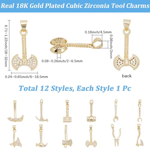 Beebeecrfat 12Pcs 12 Styles Gold Tool Pendant Charms Mini 18K Gold Plated Brass Cubic Zirconia Wrench & Plier & Hammer & Axe Home Tool Charms for Jewelry Making Necklaces Bracelets Earring DIY Crafts - color: Gold