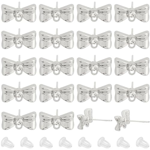 SUNNYCLUE 1 Box 20 Sets 925 Sterling Earring Studs with Loop Earring Posts Findings Silver Rhinestone Bowknot Ear Post Stud with Hole Bulk for Jewelry Making Accessories DIY Crafts Supply - style: Bow 1