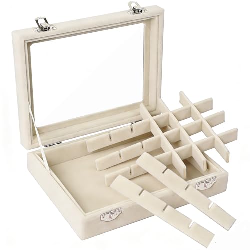 Velvet Jewelry Box 24 Grid Jewelry Earrings Display Organiser Box Ring Tray Holder Earrings Storage Case for Girls Women Wife Mom (Beige) - color: Beige