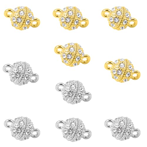 10PCS Magnetic Jewelry Clasps, Crystal Ball Connectors, Magnetic Necklace Clasps and Closures Easy-to-Use for Jewelry Closures (Gold+Silver) - color: gold+silver