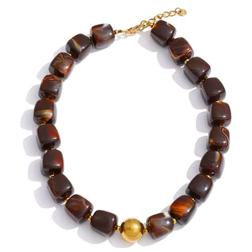 Mchic Colorful Beaded Choker Necklace for Women: Boho Large Square Acrylic Beaded Necklace Stainless Steel Adjustable Surfer Beach Strand Necklaces Summer Handmade Jewelry Gift for Women - color: Brown