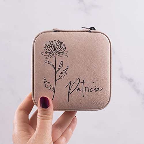 Custom Leather Customized Jewelry Organizer Box w/Name & Birth Flower Month - Birthday Gifts for Women, Mom Personalized Jewelry Travel Case - Beige - color: Rose