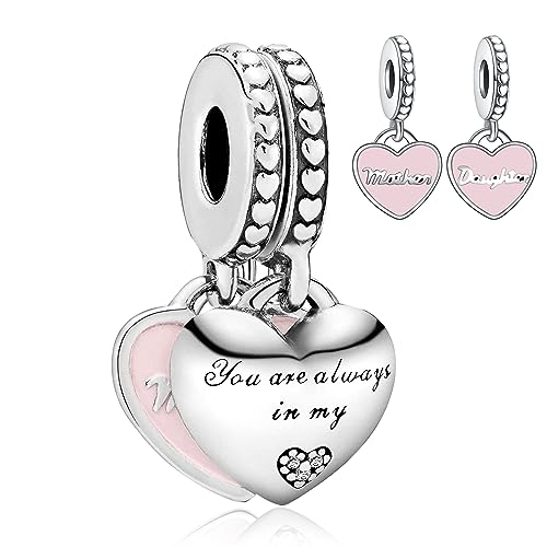 S925 Bead Dangle Charms for Bracelets Necklaces, Compatible with Pandora - style: Mother Daughter Heart Dangle